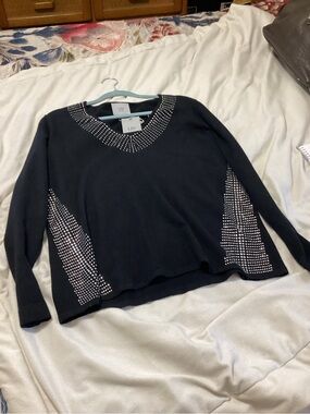 LIV Black V-Neck Sweater with Rhinestone Detail